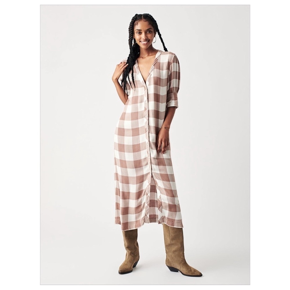 Faherty Beige and White Gingham Midi Dress